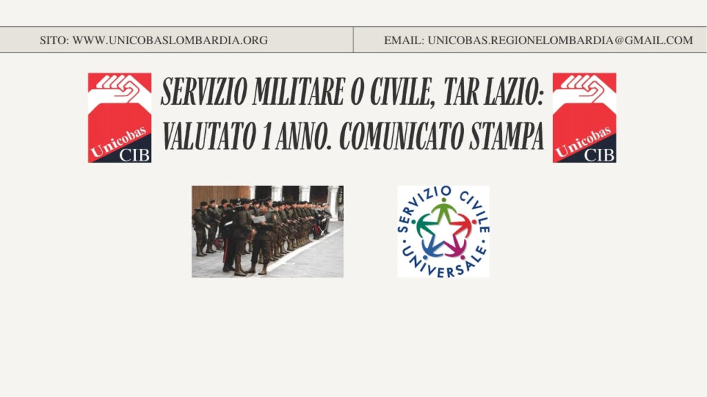 Servizio militare o civile, TAR Lazio: valutato 1 anno. Comunicato stampa